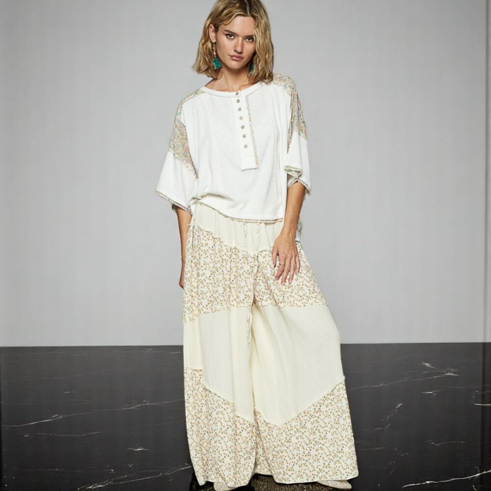 POL Cream Wide Leg Patchwork Pants with Floral Panels